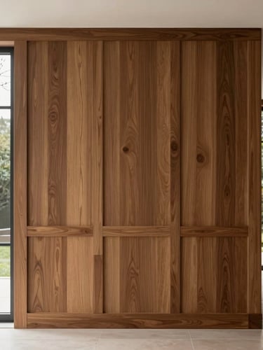 Straight-on architectural photograph of a luxury residential interior featuring bespoke oak wall paneling and a perfectly aligned structural column. Soft natural overcast daylight streams through a large window, highlighting the rich, desaturated timber textures and a subtle deep red decorative vase in the background. Crisp, clean lines, 35mm lens.