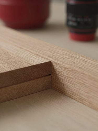 Macro close-up of a hand-cut mortise and tenon joint in premium European oak, clean workshop environment, soft natural side lighting highlighting the wood grain, 35mm lens