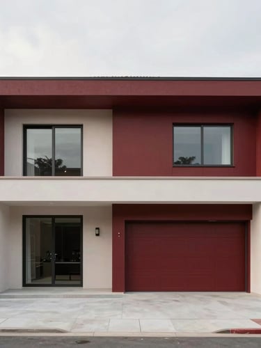 Architectural straight-on photograph of a luxury home refurbishment, clean minimalist lines, soft natural overcast daylight, rich desaturated tones with deep red accents, 35mm lens