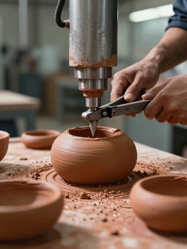Close-up of raw terracotta clay components being machined in a clean, structured industrial facility, natural side lighting, high contrast.