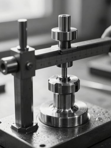Close-up black and white photograph of a precision micrometer measuring a machined brass component on a workshop table, natural morning light, sharp focus on industrial textures.