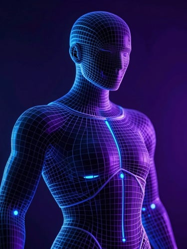 Extreme close-up of a complex 3D wireframe character model, dramatic low-key studio lighting with strong neon rim lights in electric blue and deep violet casting sharp highlights, dark cinematic 3d render, ultra-detailed, 8k