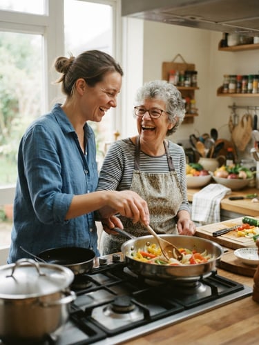 A support worker and client sharing a laugh while preparing a meal in a warm, naturally lit kitchen, authentic interaction, 35mm photography.