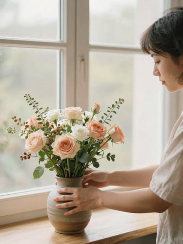 A support worker gently helping an individual arrange fresh flowers in a ceramic vase by a large window, soft morning light, warm earthy tones, authentic interaction.