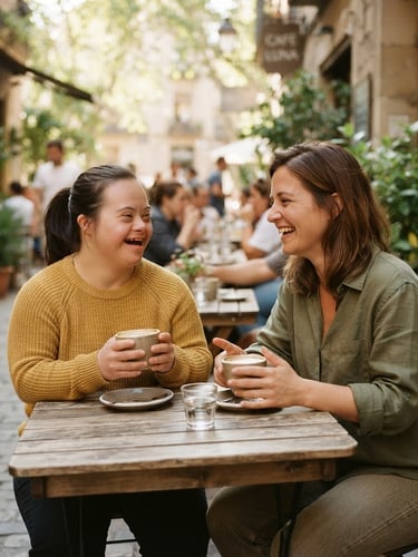 A warm editorial photograph of a smiling young adult with Down syndrome and a support worker sitting together at an outdoor cafe on a sunny day, laughing over coffee, soft natural daylight, 35mm.