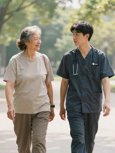 A support worker and a client walking together outdoors in a sunny park, soft natural daylight, gentle earthy tones, authentic human interaction, 35mm.