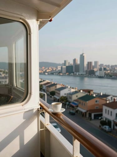 Close editorial shot from a ship's private veranda, morning coffee cup on the railing ledge, a sun-drenched port city visible below in soft focus, natural window light, wide landscape framing with the city anchored to the right third