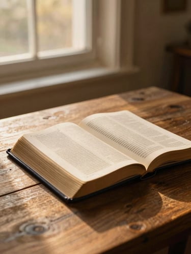 An open Bible on a textured wooden table, illuminated by soft golden-hour window light, creating a serene and sacred atmosphere.