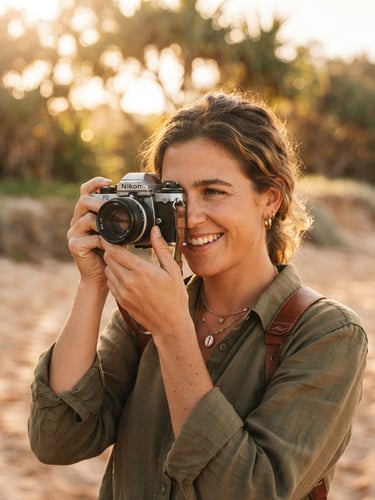 Close-up portrait of a photographer with a vintage film camera, warm golden hour sunlight filtering through leaves, soft sand background, shallow depth of field, authentic expression