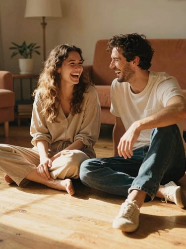 A couple laughing genuinely while sitting on a sunlit wooden floor of a cozy living room, warm cinematic lifestyle photography, golden-hour natural light, soft sand and terracotta tones, 35mm film style