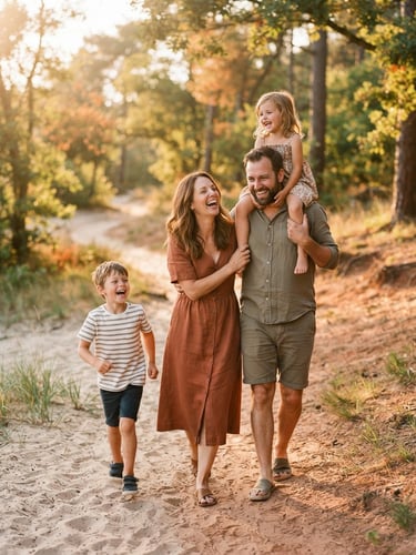 A warm, candid lifestyle photograph of a family laughing together outdoors, golden-hour sunlight filtering through trees, soft sand and terracotta tones, shallow depth of field, authentic emotions.