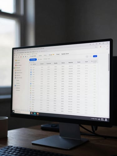 Medium shot of a desktop monitor displaying a Google Ads account interface — conversion columns and Quality Score metrics in focus, cool daylight from a window to the left, dark background, no people, data rows clearly legible