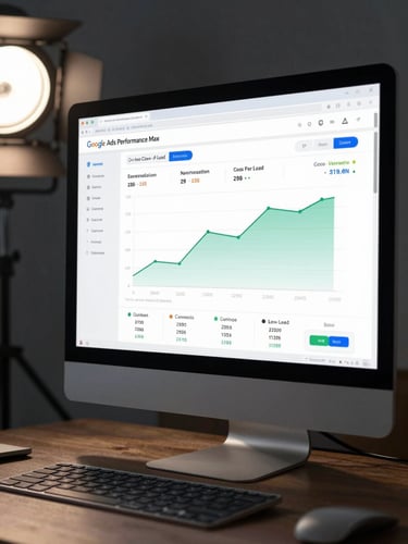 Medium shot of a desktop monitor showing a Google Ads Performance Max campaign report with conversion graphs and cost-per-lead metrics, cool studio light from the left, dark background