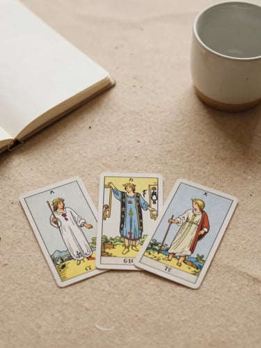 Minimalist flat-lay of three tarot cards placed neatly next to an open notebook and a ceramic cup, warm sand tones, diffused daylight, 35mm