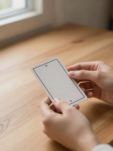Hands carefully holding a minimalist tarot card on a warm wooden table, soft natural daylight from a side window, shallow depth of field, neutral tones