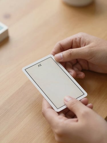 Close-up of hands holding a minimalist tarot card over a warm wooden table, soft natural daylight, shallow depth of field, serene atmosphere