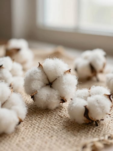 Macro detailed shot of natural cotton fibers and hand-knotted jute textile, soft north-facing window light, shallow depth of field, warm earth tones, 35mm.