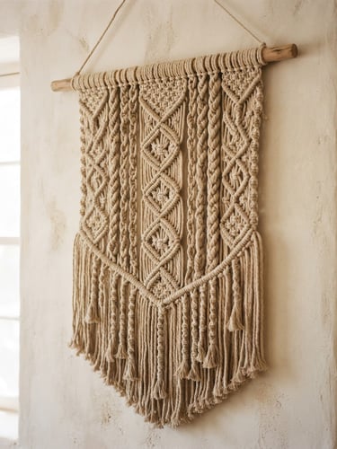 Editorial portrait of a large, hand-woven macramé wall hanging on a textured plaster wall, soft diffused daylight casting gentle shadows, warm sand color palette, 35mm photography.