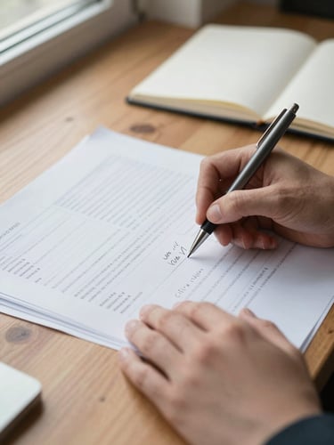 Close-up editorial frame, hands with a pen marking annotations on a printed financial report on a wooden desk, soft natural window light from the left, papers and a half-open notebook visible in the background, no faces, daylight atmosphere