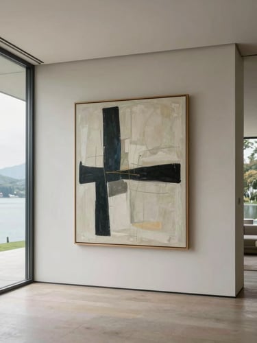 A luxurious modernist villa interior overlooking a lake, a large mid-century abstract painting on the main wall, soft diffused daylight, medium format.