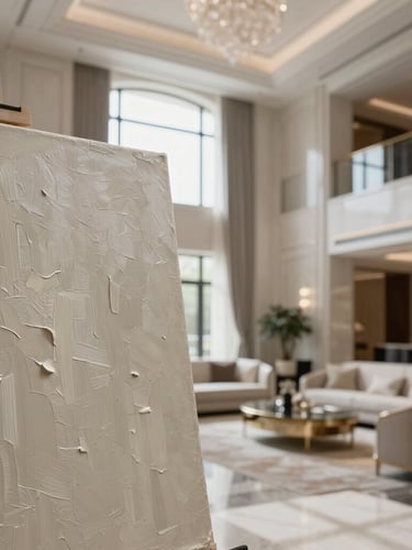 Close-up of textured oil on canvas in a high-ceilinged luxury hotel salon, soft natural daylight, refined luxury furniture.