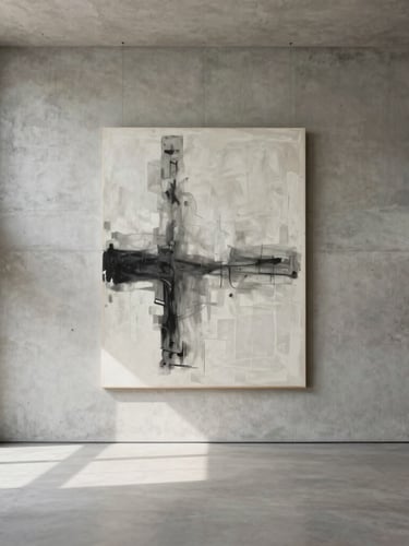 An expansive minimalist living room with double-height concrete walls, a large monochrome abstract canvas hanging prominently, soft natural daylight, medium format, architectural scale.