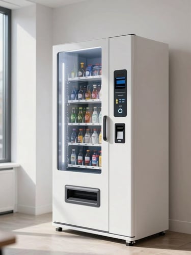 Sleek, modern contactless vending machine integrated into a bright, contemporary London office breakroom, natural daylight, clean lines, 35mm photography
