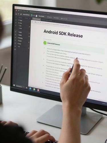 Developer hands reviewing Android SDK release notes on a monitor, bright north-facing daylight, clean desk surface visible below, tight framing on the screen and hands