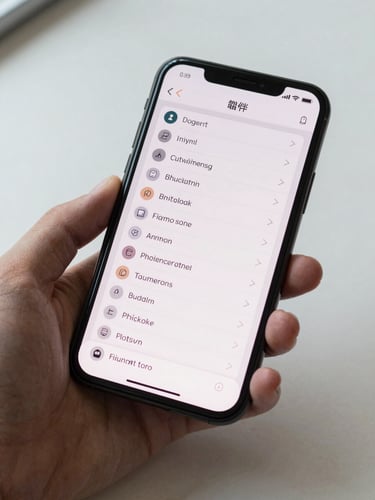 Close-up of an Android device screen displaying a clean, well-structured app interface with readable list items, held in one hand on a plain white desk under bright neutral studio light — screen detail sharp, background minimal