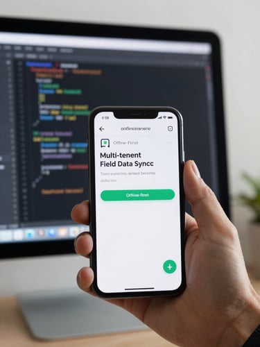 Close-up of an Android phone screen showing a multi-tenant field data sync app with offline-first architecture, code and UI simultaneously visible on a second monitor behind it, bright neutral studio light