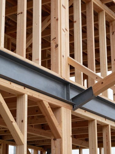 Architectural elevation of a perfectly plumb exposed timber frame meeting a structural steel moment beam, sharp natural site light.