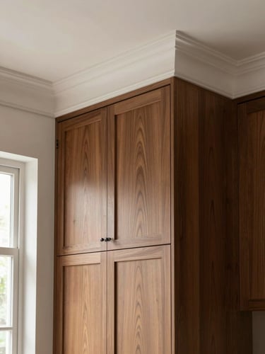 Strict architectural elevation of custom walnut cabinetry meeting a historic plaster crown molding, perfect vertical alignment, soft natural window light, no lens distortion.