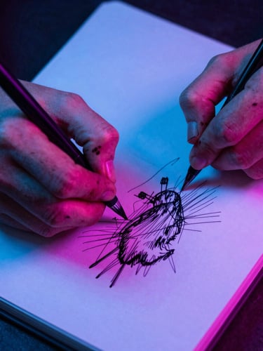 Close-up portrait shot of hands, stained with ink, sketching furiously on a notepad under harsh, dramatic lighting, with electric blue and pink neon reflections, sharp 35mm, high-contrast flash photography.