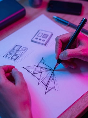 Gritty flash photograph of hands sketching design ideas on a cluttered desk, neon pink and blue light, sharp 35mm, extreme close-up, raw materials.