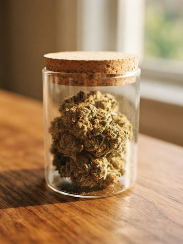 A close-up of a premium minimalist glass jar of cannabis flower resting on a wooden table, soft golden-hour window light, warm tones, shallow depth of field, 35mm