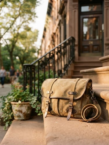 A courier's canvas bag resting on a sun-drenched brownstone stoop in Brooklyn, warm golden-hour daylight, soft shadows, 35mm photography