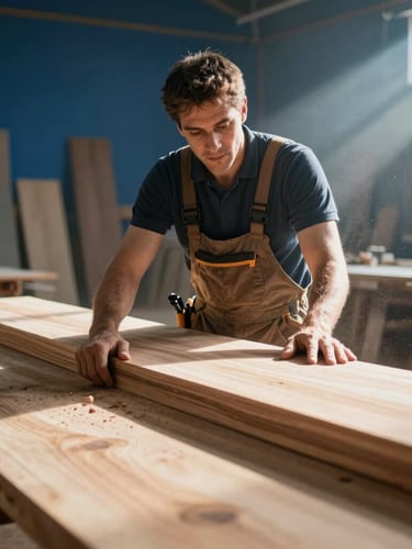 Vertical portrait of a master carpenter examining a massive raw hardwood slab in a sunlit workshop, dust particles visible in the light beams, editorial corporate photography