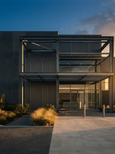 Portrait of a modern industrial warehouse exterior, clean concrete and steel structure, dramatic golden hour sunlight, editorial corporate photography, 35mm