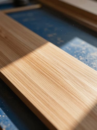 Detail of raw premium wood grain being hand-finished by an artisan in a sunlit workshop, dust particles in the air, warm golden light, editorial photography, 35mm