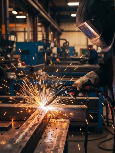 Close-up of industrial metal welding sparks in a modern factory setting, dramatic warm lighting, clean corporate composition, 35mm
