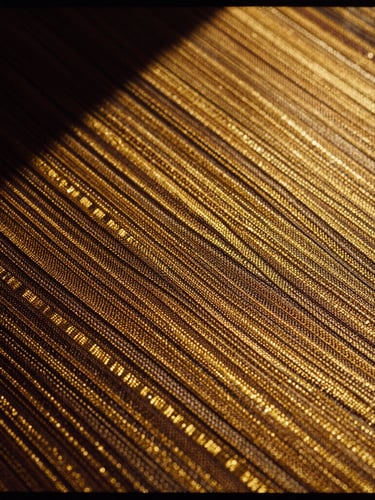 Extreme close-up of intricate gold-threaded hand-loomed Aso-Oke weave, high-contrast chiaroscuro lighting, rich warm tones, sharp focus, showing structural texture.