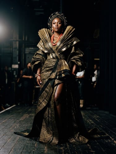 Low-angle heroic shot of a model wearing a dramatic gold and black Aso-Oke gown with sculptural pleated collar, high-contrast chiaroscuro lighting, dark background, 35mm film