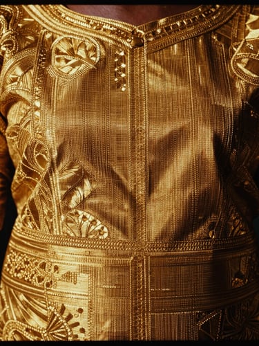 Tight macro crop of intricate gold hand-loomed Aso-Oke textile weave, high-contrast chiaroscuro lighting, rich warm tones, 35mm film
