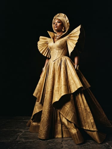 Low-angle heroic editorial shot of a dramatic, structural gold Aso-Oke gown on a model, high-contrast chiaroscuro lighting, deep black background
