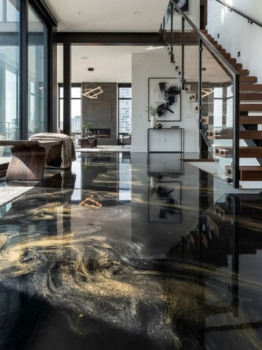 Sharp architectural photography of a luxury residential interior featuring a glossy black and gold metallic epoxy floor. Low-angle shot showing deep three-dimensional reflections and crisp details under dramatic side lighting.