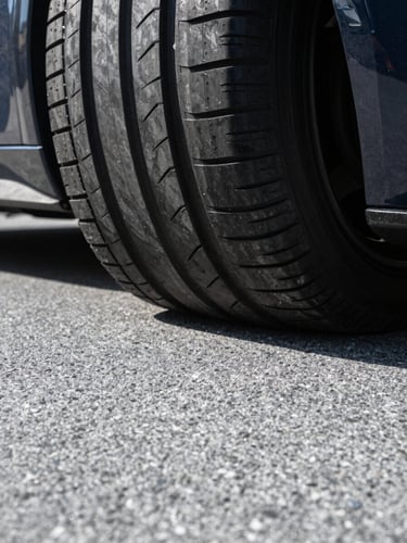 Extreme close-up of a premium sports car tire resting on a glossy grey polyurea flake floor, dramatic low-angle lighting reflecting off the textured surface, crisp details.
