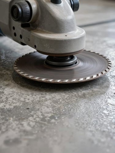 Low-angle macro shot of a heavy industrial floor grinder, diamond grinding shoes spinning on a concrete surface, bright directional lighting highlighting the dust extraction shroud, sharp details, glossy floor background.
