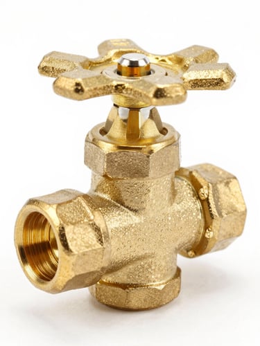 Macro product shot of a heavy solid brass plumbing valve, bright high-key studio lighting, crisp metallic reflections, clean white backdrop