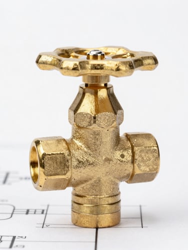 Macro studio photography of a heavy solid brass plumbing valve, crisp white backdrop, sharp metallic reflections, technical blueprint precision, centered product shot.