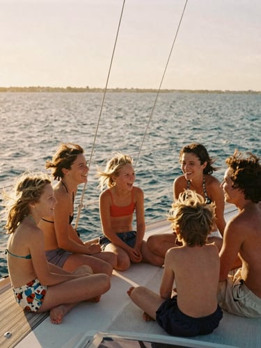 Cinematic wide shot of a family laughing together on the deck of a sailboat, wind-swept hair, warm golden-hour light reflecting off the open water, candid and unposed, 35mm film style.